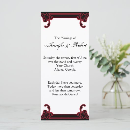 Elegant rood gotisch Lijst bruiloft programma Programmakaart (Staand voorkant)