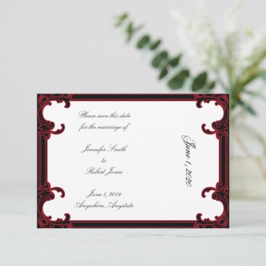 Elegant Rood Gotisch Lijst Bruiloft Save the Date (Staand voorkant)