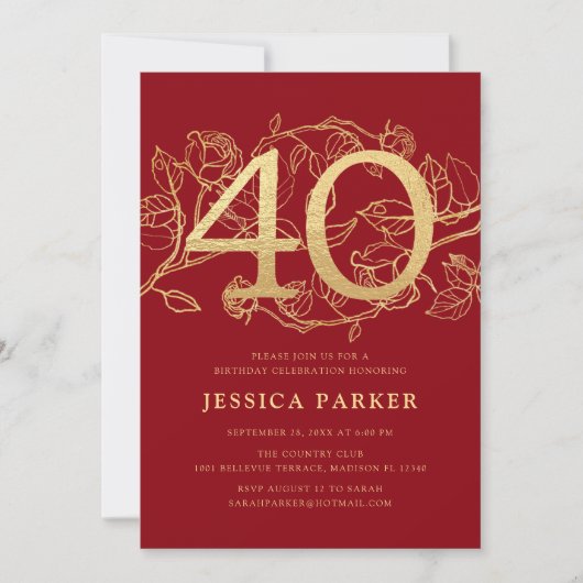 Elegant rood goud 40e verjaardag kaart (Voorkant)