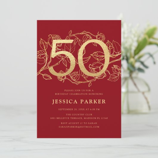 Elegant rood goud 50ste verjaardag kaart (Staand voorkant)