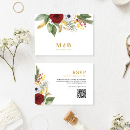 Elegant Rood Goud Bloemen Monogram QR Code Bruilof RSVP Kaartje