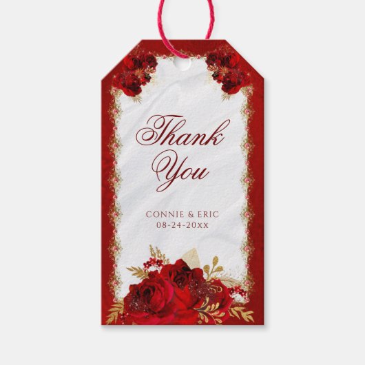 Elegant rood goud bloemenbruiloft dank u cadeaulabel (Voorkant)