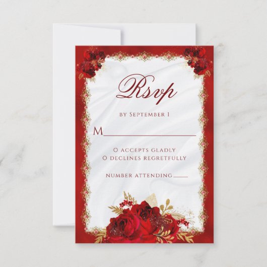 Elegant rood goud bloemenbruiloft Rozen RSVP Kaartje (Voorkant)