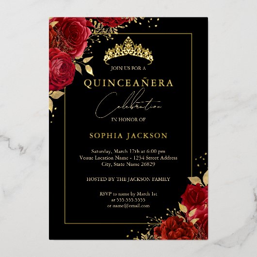 Elegant rood goud bloemig Roos Tiara Quinceanera Folie Uitnodiging (Voorkant)