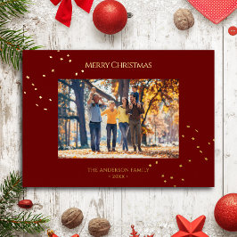 Elegant Rood & Goud Confetti Vrolijke Kerstfoto Folie Feestdagenkaart