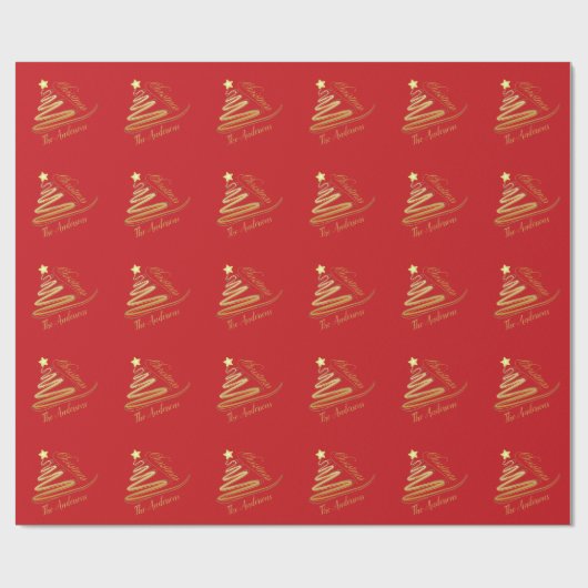 Elegant rood goud folie kerstboom patroon cadeaupapier (Vlak)