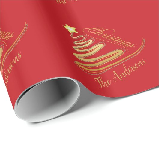 Elegant rood goud folie kerstboom patroon cadeaupapier (Rol Hoek)