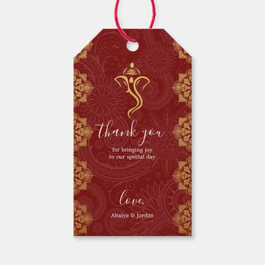 Elegant Rood & Goud Ganesha & Mehndi Hindu Bruilof Cadeaulabel (Voorkant)
