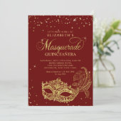 Elegant rood goud glitter maskerade quinceañera kaart (Staand voorkant)