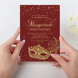 Elegant rood goud glitter maskerade zoet 16 kaart