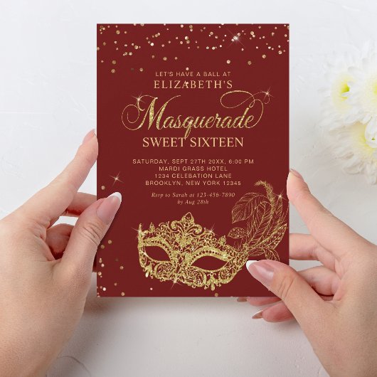 Elegant rood goud glitter maskerade zoet 16 kaart