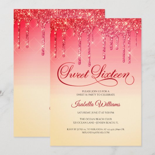 Elegant rood goud glitter zoet zestien verjaardag kaart (Voorkant / Achterkant)