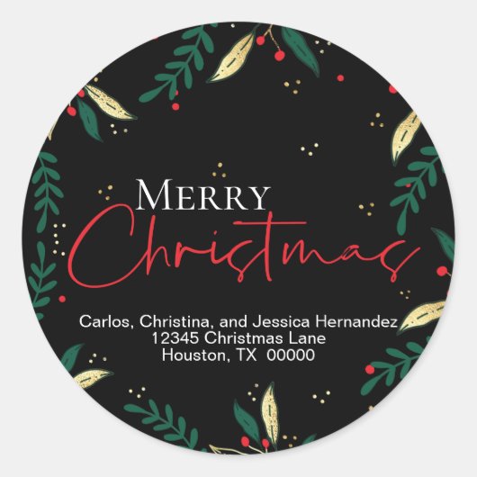 Elegant rood goud groen op zwart vrolijk kerstfees ronde sticker (Voorkant)