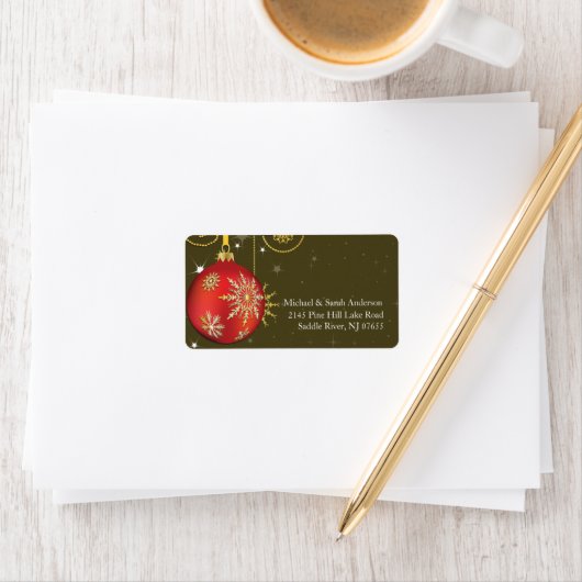 Elegant rood goud kerstbal adreslabel etiket (Insitu)