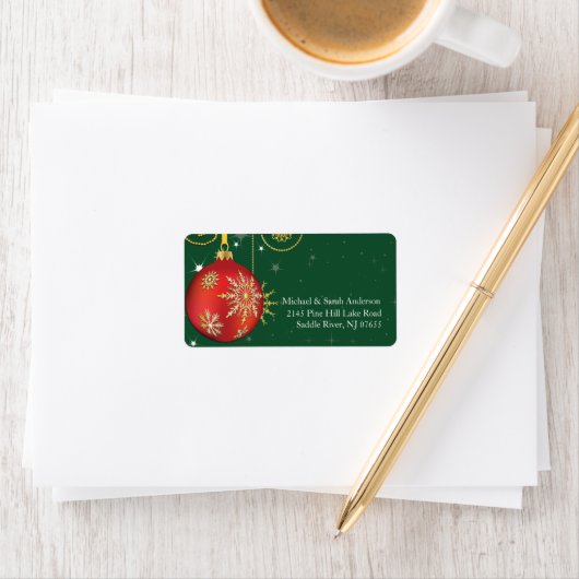 Elegant rood goud kerstbal adreslabel etiket (Insitu)