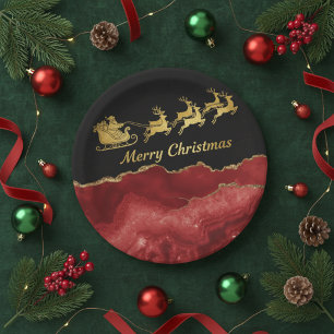 Elegant Rood Goud Kerstman Slede Vrolijk Kerstfees Papieren Bordje