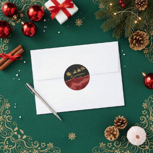 Elegant Rood Goud Kerstman Slede Vrolijk Kerstfees Ronde Sticker
