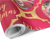 Elegant Rood & Goud Kerstpatroon Baby Foto Cadeaupapier (Rol Hoek)