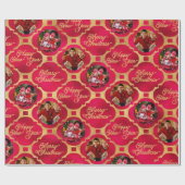 Elegant Rood & Goud Kerstpatroon Twee Foto's Cadeaupapier (Vlak)