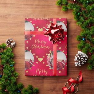 Elegant Rood & Goud Kerstvierkanten Baby Foto Cadeaupapier