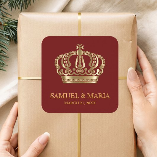 Elegant rood goud  kroonbruiloft gunst vierkante sticker