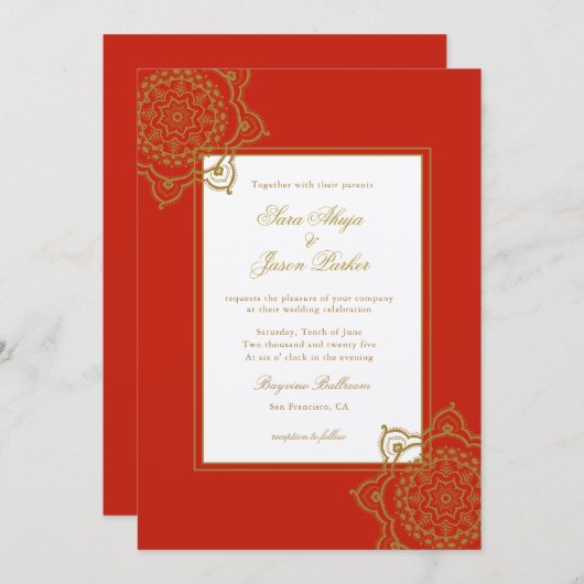 Elegant rood & goud Mandala indiaanse bruiloft Kaart (Voorkant / Achterkant)