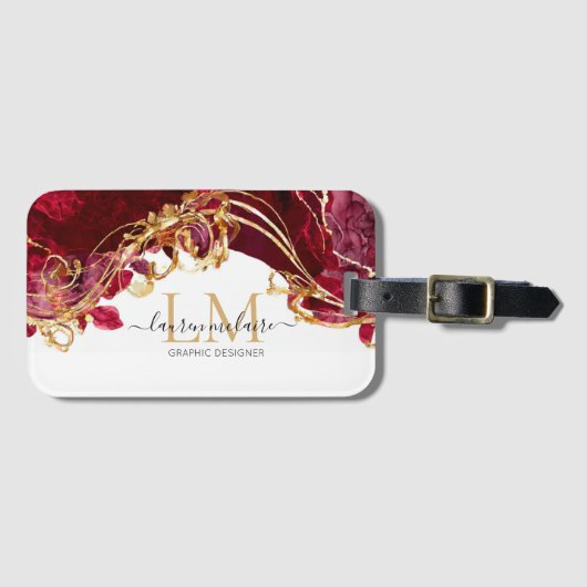 Elegant rood & goud monogram bagagelabel (Voorkant (horizontaal))