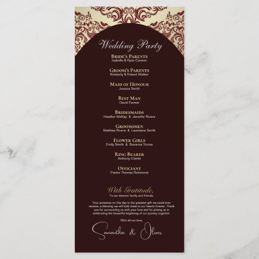 Elegant Rood & Goud Monogram Trouwprogramma Programmakaart (Achterkant)