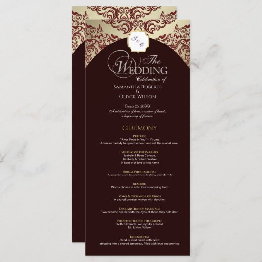 Elegant Rood & Goud Monogram Trouwprogramma Programmakaart (Voorkant / Achterkant)