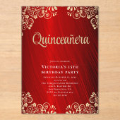 Elegant rood goud quinceañera 15e verjaardag parti acryl uitnodigingen (Voorkant)