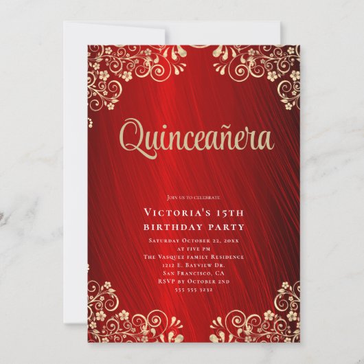 Elegant rood goud quinceañera 15e verjaardag parti kaart (Voorkant)