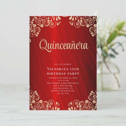 Elegant rood goud quinceañera 15e verjaardag parti kaart (Staand voorkant)