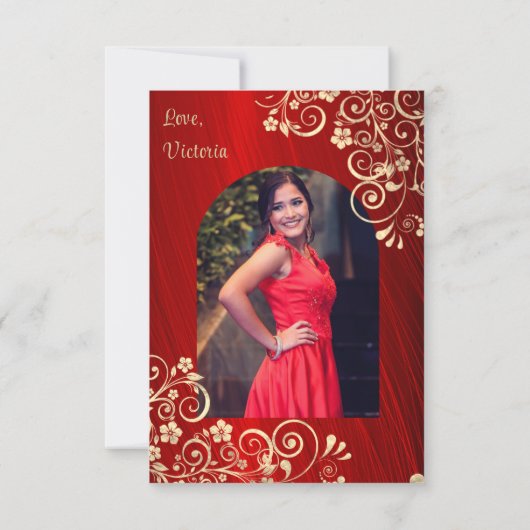 Elegant rood goud quinceanera foto dank u bedankkaart (Achterkant)