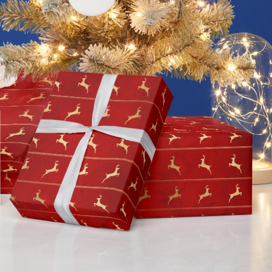 Elegant rood goud rendier streep patroon Kerstmis Cadeaupapier (Feestdagen)