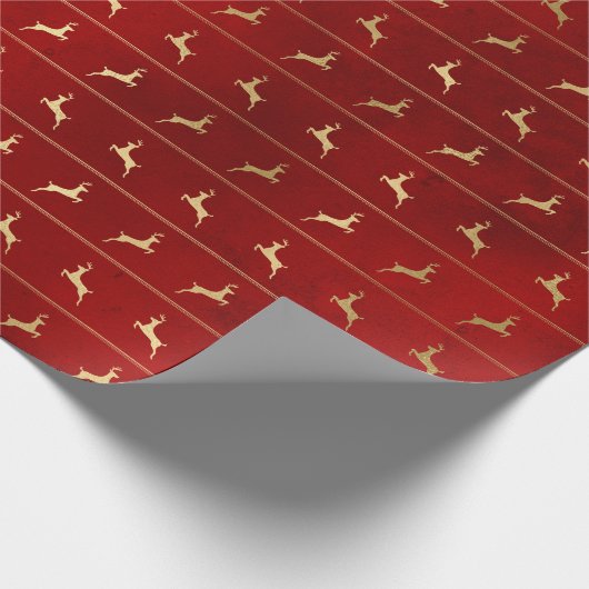 Elegant rood goud rendier streep patroon Kerstmis Cadeaupapier (Hoek)