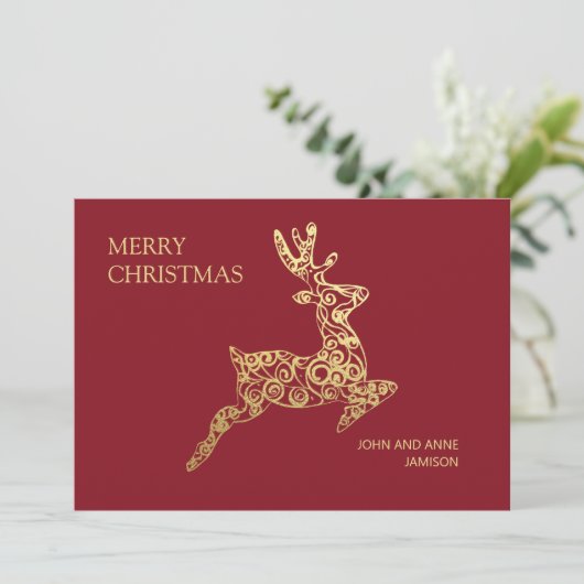 Elegant rood goud rendier Vrolijk Kerstfeest Feestdagenkaart (Staand voorkant)