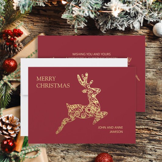 Elegant rood goud rendier Vrolijk Kerstfeest Feestdagenkaart