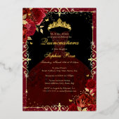 Elegant rood goud Roos jurk quinceanera Folie Uitnodiging (Voorkant)