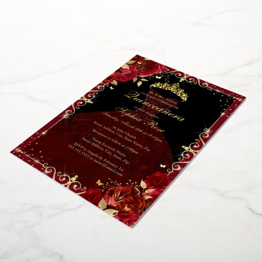 Elegant rood goud Roos jurk quinceanera Folie Uitnodiging (Gedraaid)