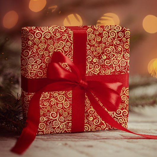 Elegant rood & goud spiraalpatroon Boho Kerst Cadeaupapier
