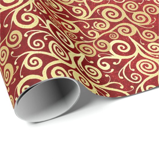 Elegant rood & goud spiraalpatroon Boho Kerst Cadeaupapier (Rol Hoek)