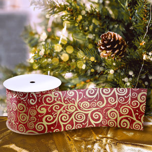 Elegant rood & goud spiraalpatroon Boho Kerst Satijnen Lint