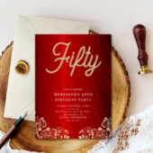 Elegant rood goud swirl 50e verjaardag partij kaart