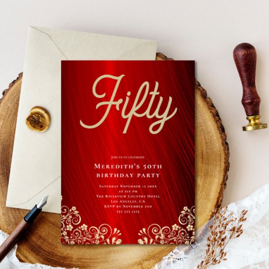 Elegant rood goud swirl 50e verjaardag partij kaart
