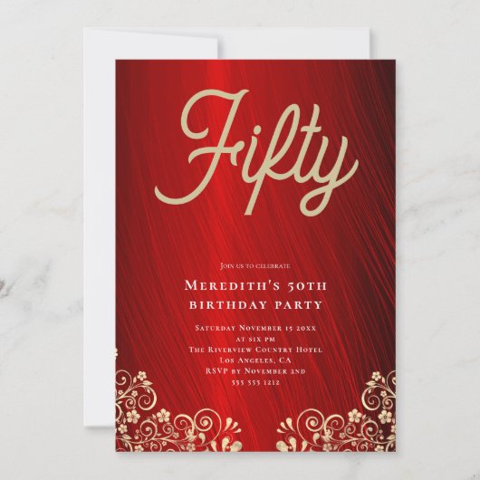 Elegant rood goud swirl 50e verjaardag partij kaart (Voorkant)