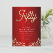 Elegant rood goud swirl 50e verjaardag partij kaart (Staand voorkant)