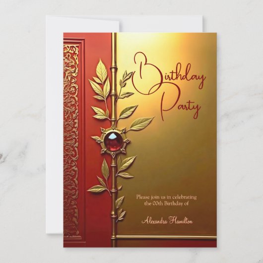 Elegant Rood Goud  Verjaardagsfeest Kaart (Voorkant)