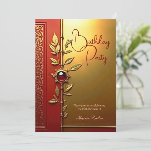 Elegant Rood Goud Verjaardagsfeest Kaart (Staand voorkant)