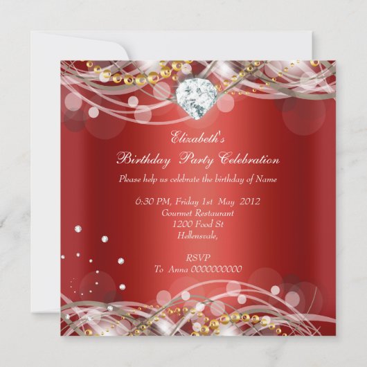 Elegant Rood Goud Wit Diamanten Verjaardagsfeest Kaart (Achterkant)