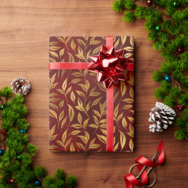 Elegant Rood Goudblad Botanisch Kerst Cadeaupapier